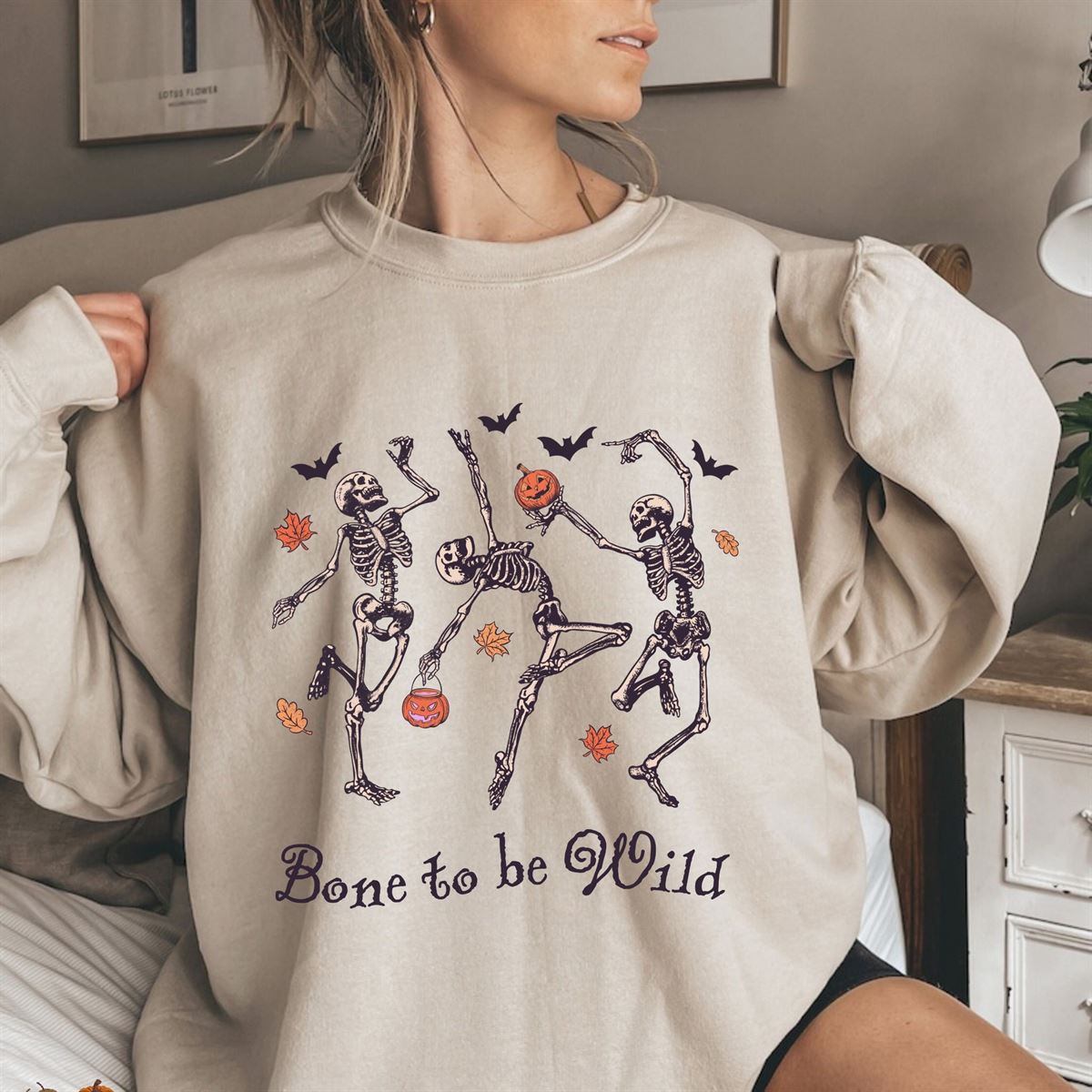 Funny Skeleton Sweatshirt Trendy Sweatshirt Halloween Vintage Sweater For Women Stay Oversized Crewneck Bone To Be Wild Crewneck Size Up To 5xl