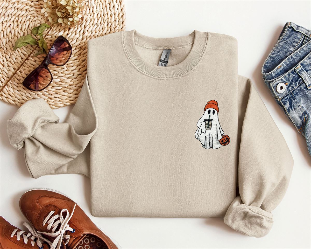 Ghost Embroidered Sweatshirt Little Ghost Ice Coffee Shirt Halloween Sweatshirt Halloween Embroidered Sweatshirt Ghost Sweatshirt -trungten- Nmla6 Plus Size Up To 5xl