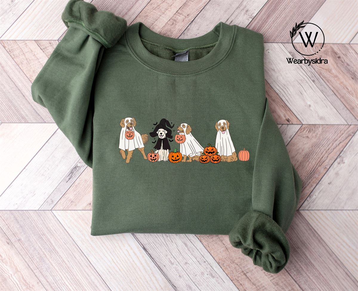 Golden Retriever Halloween Jumper Halloween Ghost Dogs Printed Sweatshirt Halloween Dog Lover Sweaters Gothic Dogs Tops Halloween Outfit Full Size Up To 5xl