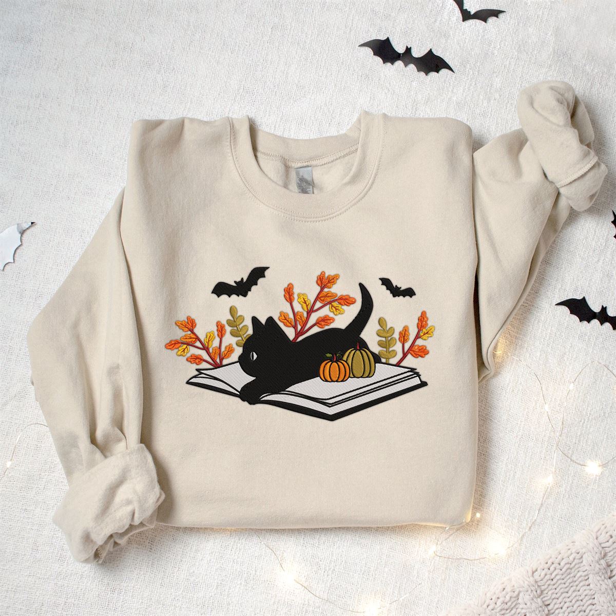 Halloween Black Cat Embroidered Shirt Halloween Cat Sweatshirt Ghost Cat Sweater Black Cat Shirt Book Lover Crewneck Fall Clothing Size Up To 5xl