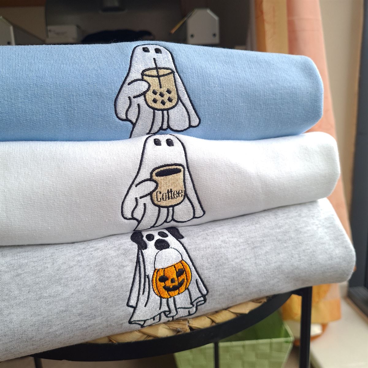 Halloween Ghost Coffee Embroidered Sweatshirt Halloween Dog Sweatshirt Coffee Lover Crewneck Halloween Sweatshirt Trendy Crewneck Size Up To 5xl