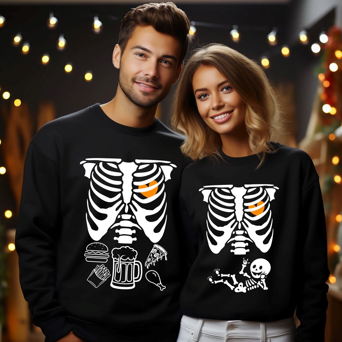 Matching Couple Halloween Pregnancy Sweatshirt Halloween Skeleton Maternity Couples Shirt Funny Skeleton Baby Pregnancy Announcement T-shirt Plus Size Up To 5xl